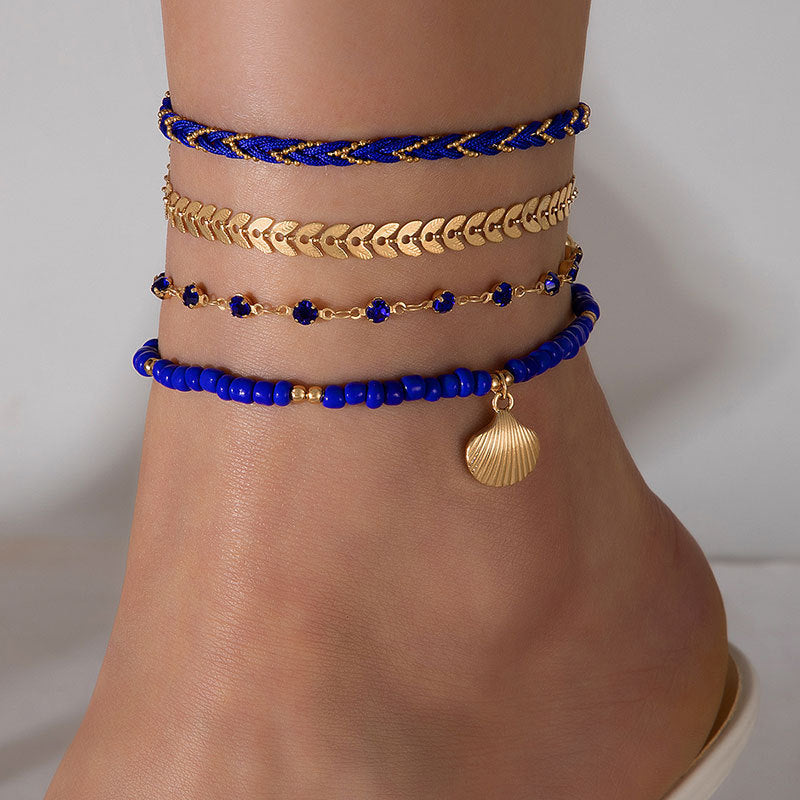 Boho Rope Foot Chain Set with Beads – 4pcs