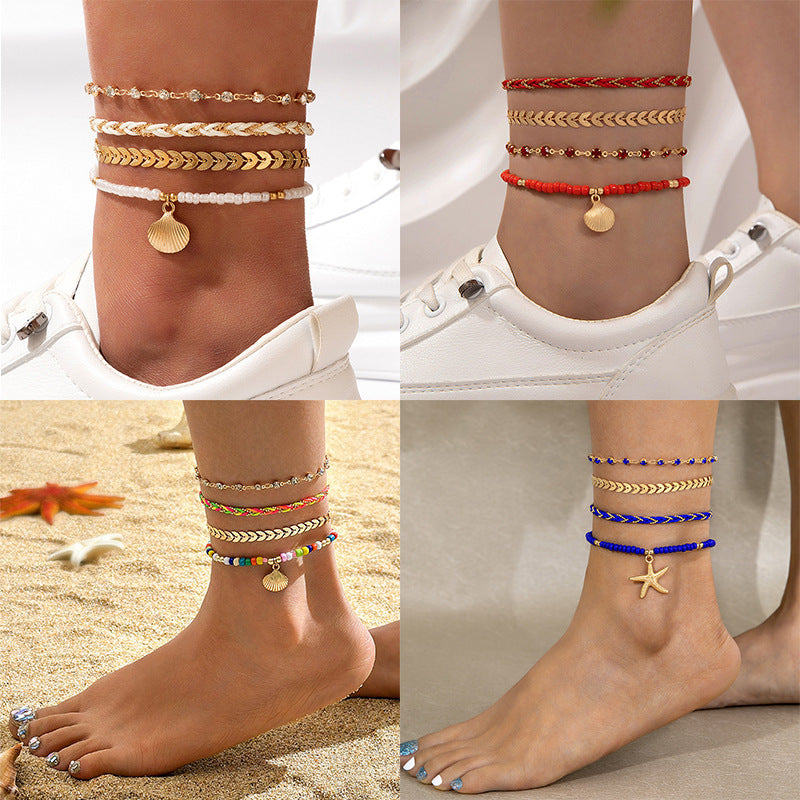 Boho Rope Foot Chain Set with Beads – 4pcs