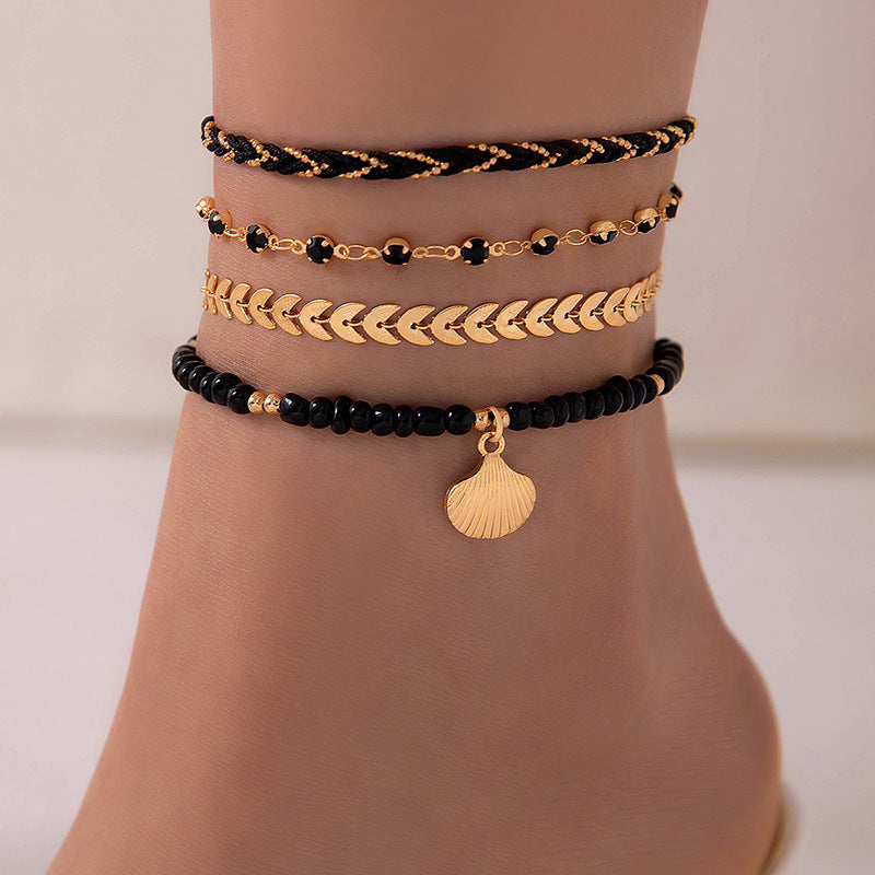 Boho Rope Foot Chain Set with Beads – 4pcs