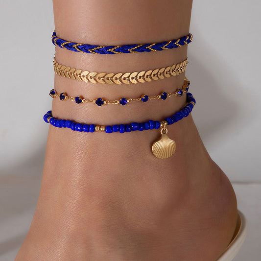 Boho Rope Foot Chain Set with Beads – 4pcs