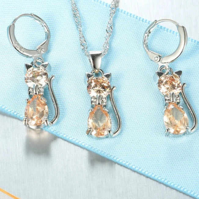 925 Silver Cat Jewelry Set with Crystal Shine