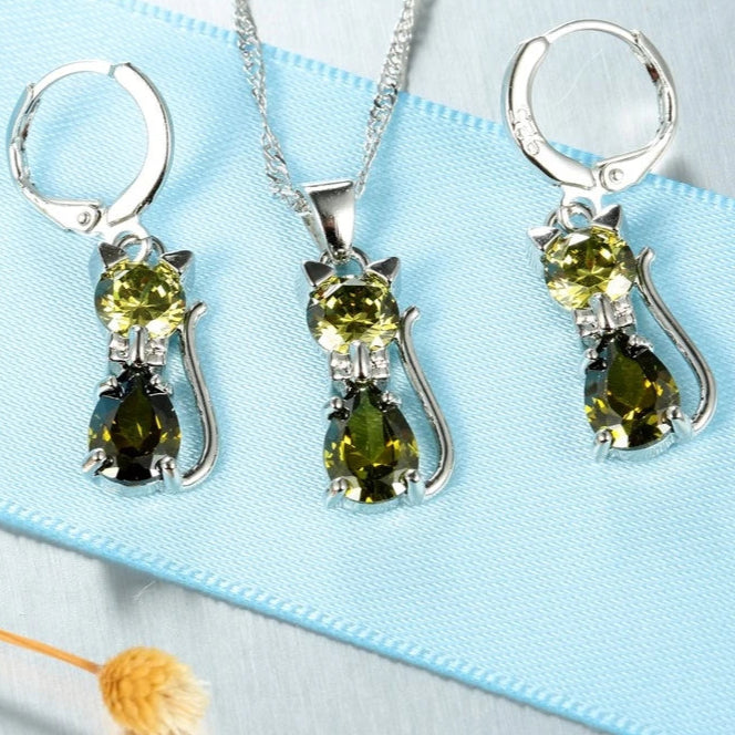 925 Silver Cat Jewelry Set with Crystal Shine