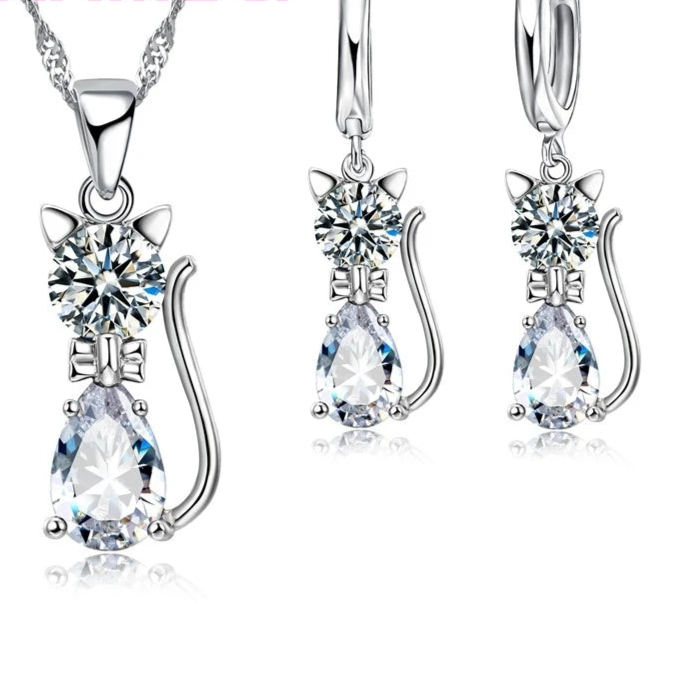 925 Silver Cat Jewelry Set with Crystal Shine