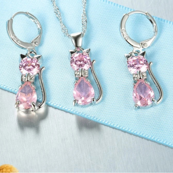 925 Silver Cat Jewelry Set with Crystal Shine