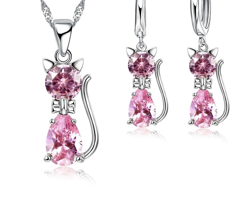 925 Silver Cat Jewelry Set with Crystal Shine
