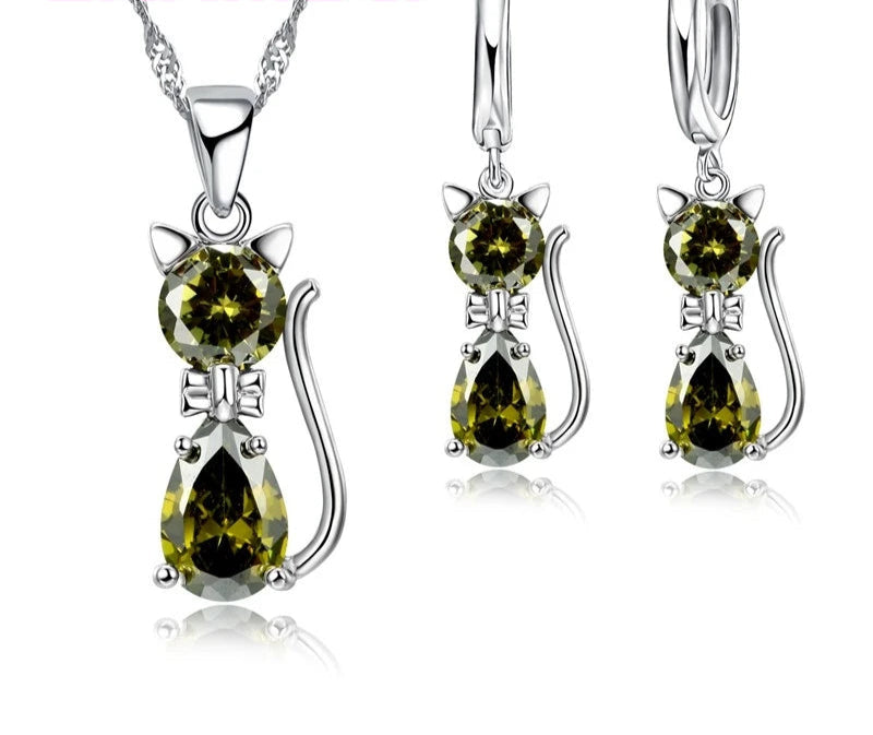 925 Silver Cat Jewelry Set with Crystal Shine