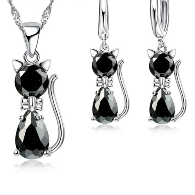 925 Silver Cat Jewelry Set with Crystal Shine