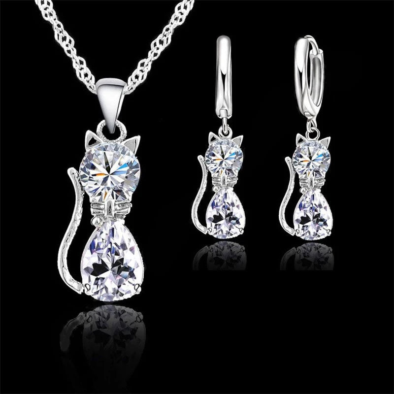 925 Silver Cat Jewelry Set with Crystal Shine