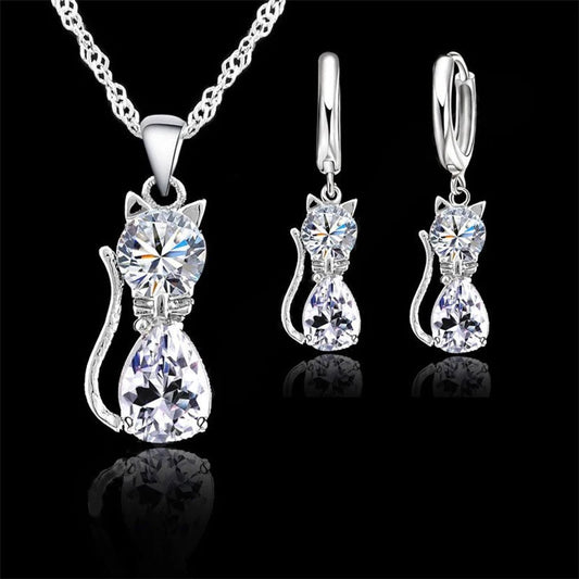 925 Silver Cat Jewelry Set with Crystal Shine