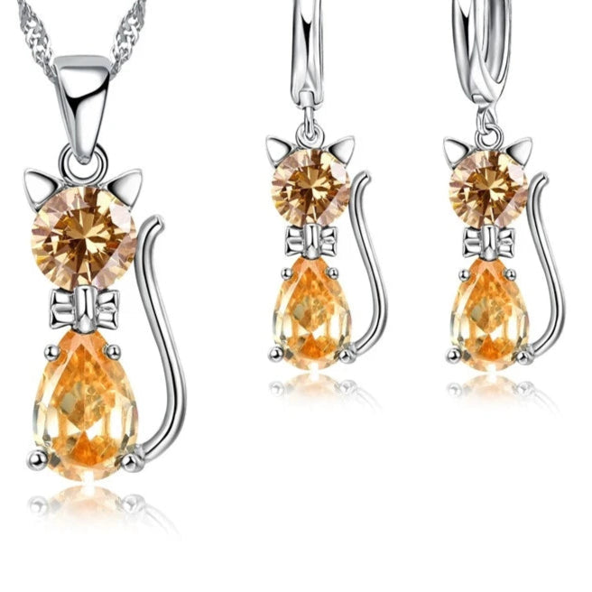 925 Silver Cat Jewelry Set with Crystal Shine