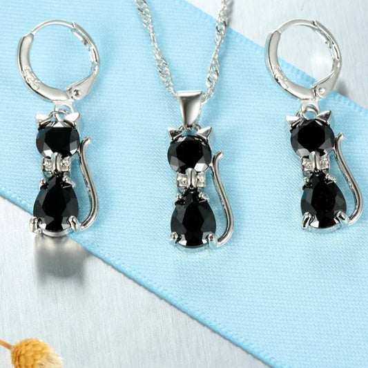 925 Silver Cat Jewelry Set with Crystal Shine
