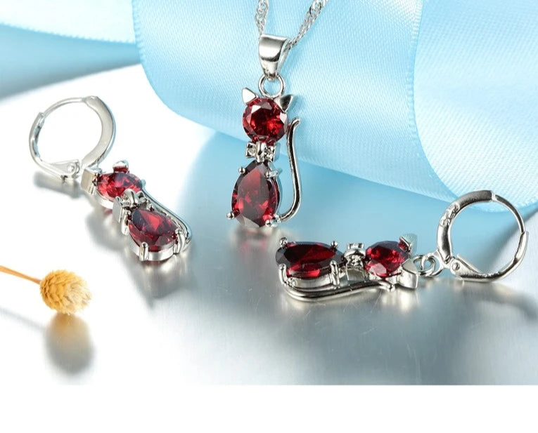 925 Silver Cat Jewelry Set with Crystal Shine