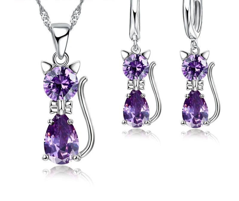 925 Silver Cat Jewelry Set with Crystal Shine