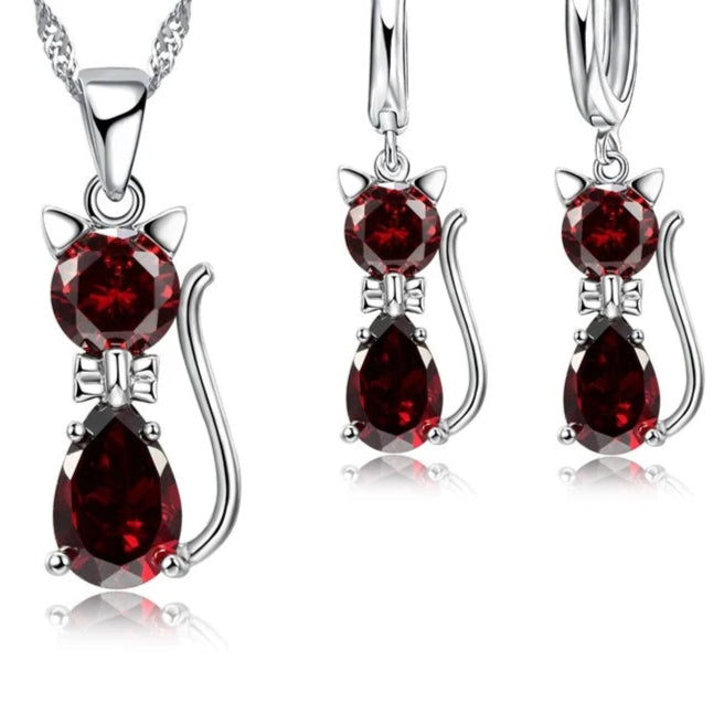 925 Silver Cat Jewelry Set with Crystal Shine